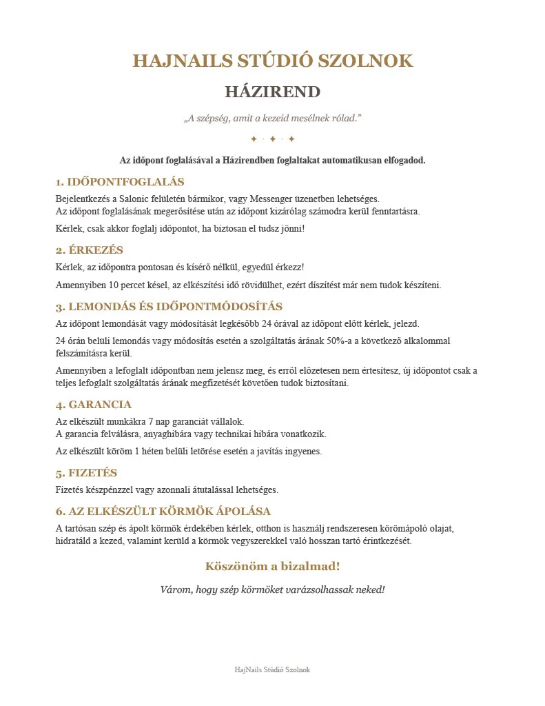 HajNails Stúdió házirend